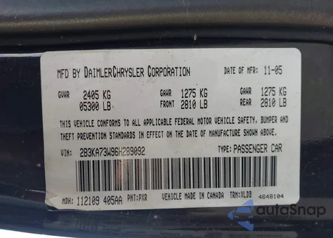 2006 Dodge Charger Srt8 из США, поврежденный, VIN 2B3KA73W96H289092